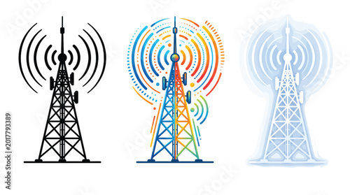 Three different graphic style broadcast tower icons set for modern digital communication and network technology design