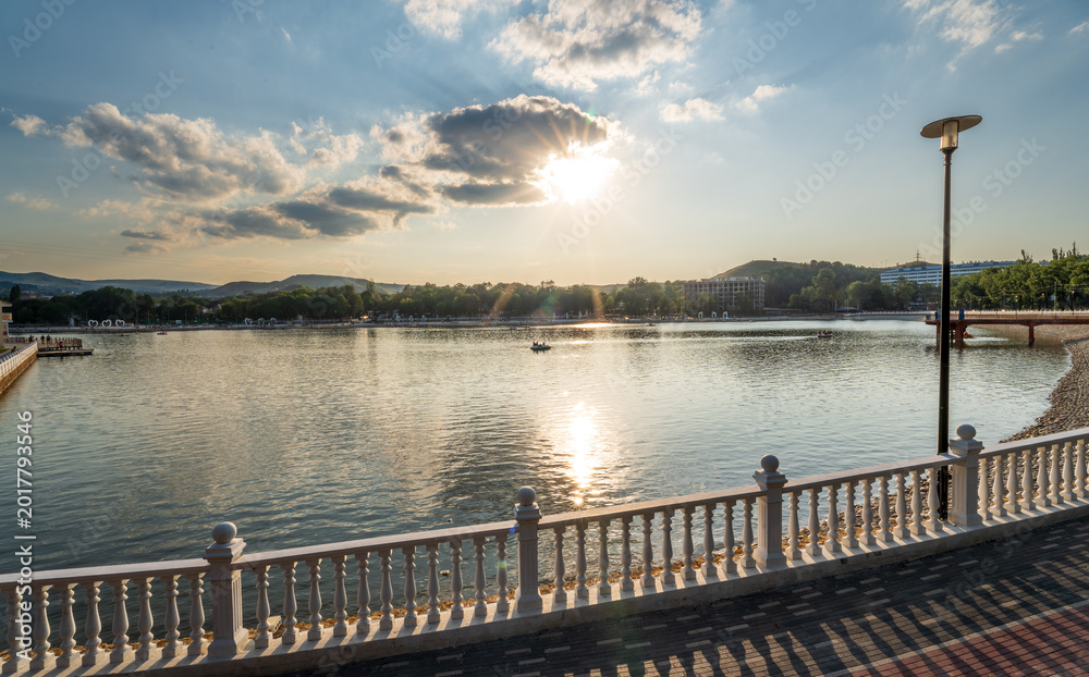 Fototapeta premium Old Lake in Kislovodsk in sunset.