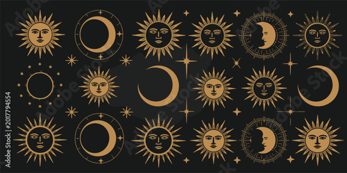 Celestial Sun and Moon Symbols on Dark Background astrology