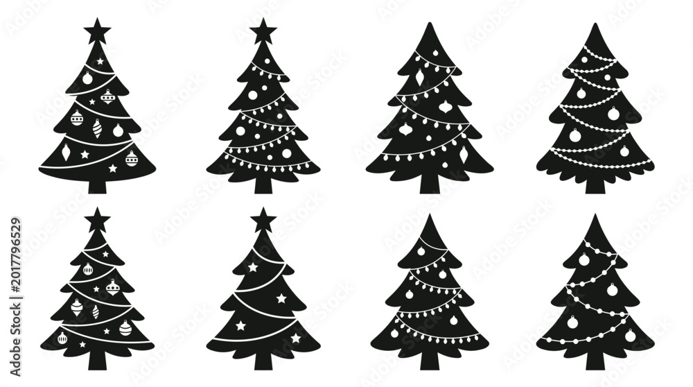 Obraz premium Eight black christmas tree icons decorated with ornaments and festive lights for seasonal holiday graphic design