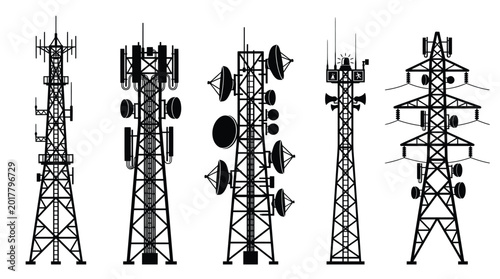 Five distinct black silhouette communication towers shown in a clean graphic design style digital image