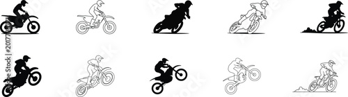 Motocross motorcycle rider silhouettes, dirt bike action and stunt icons set