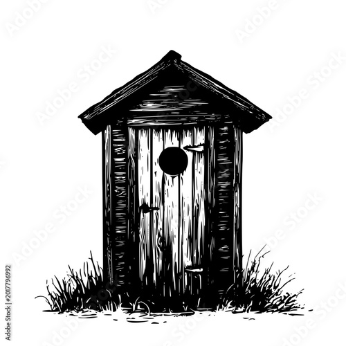 Rustic wooden outhouse illustration in a sketchy, hand-drawn style, standing amidst blades of grass. vector illustration