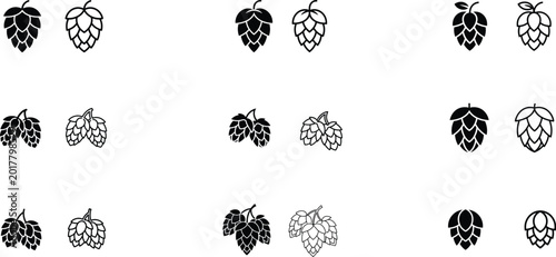 Hop icon set, brewery and beer production symbols in line and flat style