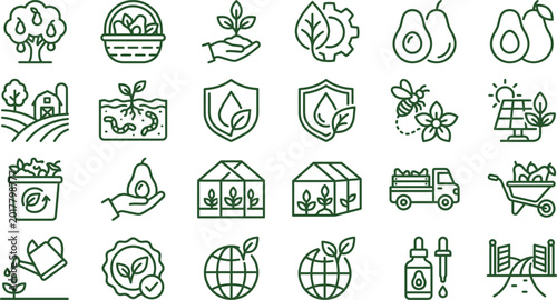 Quadro su tela Set of green outline icons representing organic farming avocado production and s