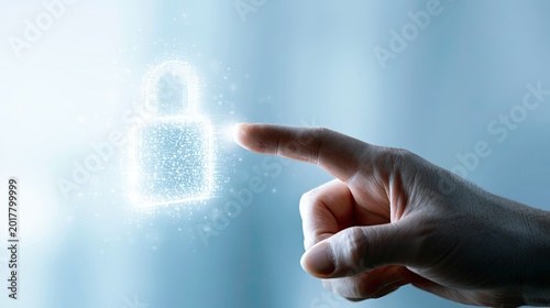 Digital lock icon touched by a human finger, emphasizing security