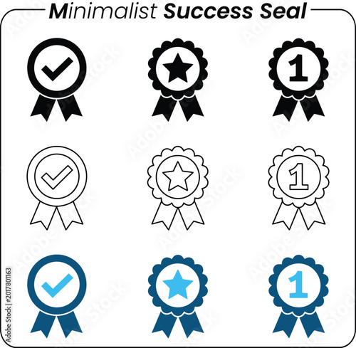 Set of minimalist success seal icons with checkmark star and number one badge designs for business