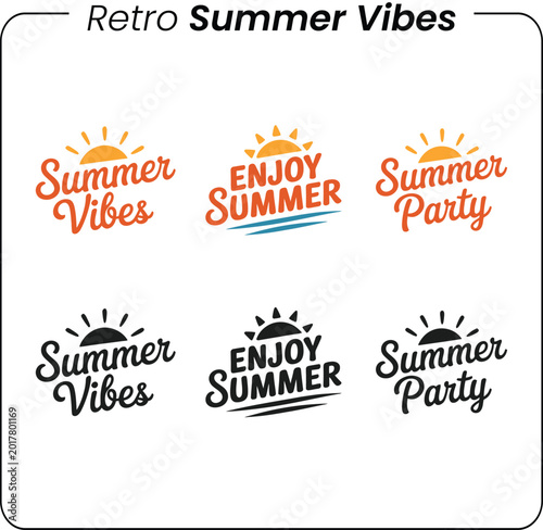 Set of colorful and black retro summer vibes and party typography logos with sun icons for vacation