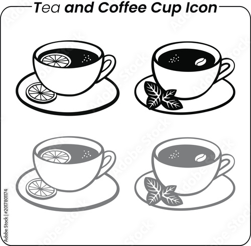 Set of tea and coffee cup icons with lemon slices and mint leaves for cafe menu