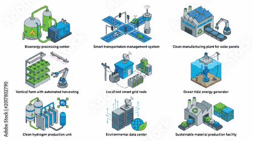Bild auf Leinwand Collection of clean energy and industrial technology illustrations