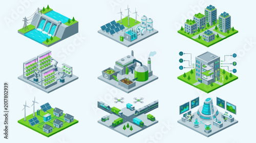 Set of isometric illustrations of sustainable energy and smart city concepts.