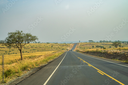 Konstfotografi Long asphalt road winding through the African savanna under a clear sky
