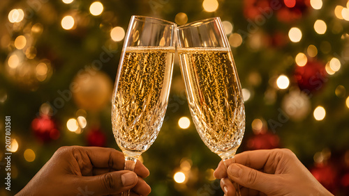 Two flutes filled with sparkling beverages clink together, creating a moment of celebration surrounded by soft glowing lights and festive decorations