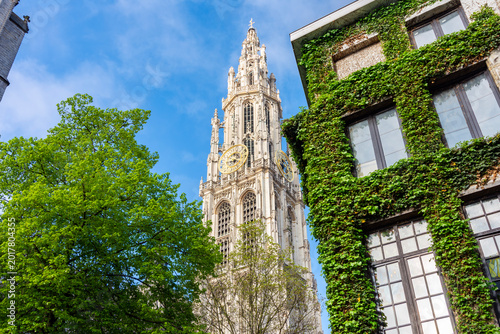 Cathedral of Our Lady tower in center of Antwerp, Belgium