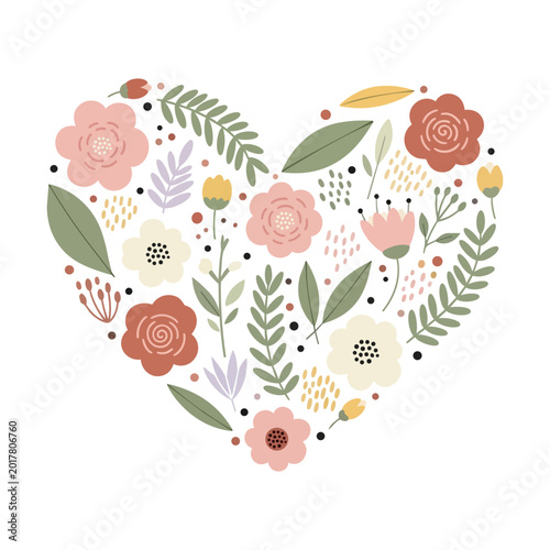 Obraz na płótnie Heart shaped floral wreath with peach and orange flowers in soft boho palette, p