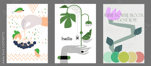 Abstract collection of hand-drawn botanical and fruit illustrations on mockup cards