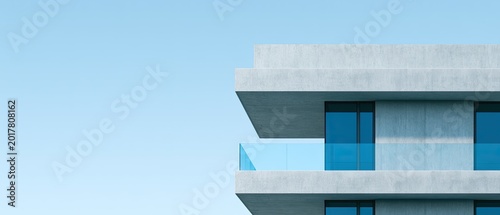 Modern concrete building with blue windows and glass balcony against sky