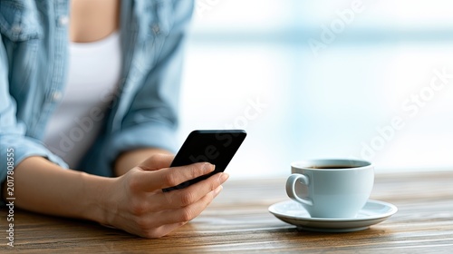 Person holding smartphone by coffee cup at wooden table