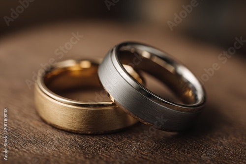 Close-up of mens wedding bands on dark wood with warm light