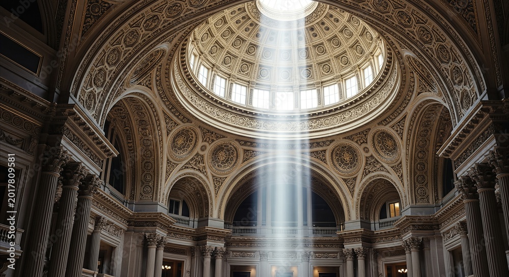 Obraz premium Grand Atrium Dome with Sunlight Beam, Ornate Classical Architecture Interior, High Contrast
