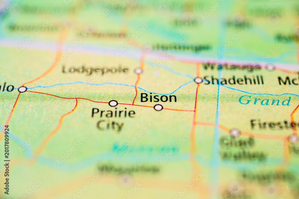 Naklejka premium Soft focus map detail of Bison and surrounding South Dakota towns for travel planning.