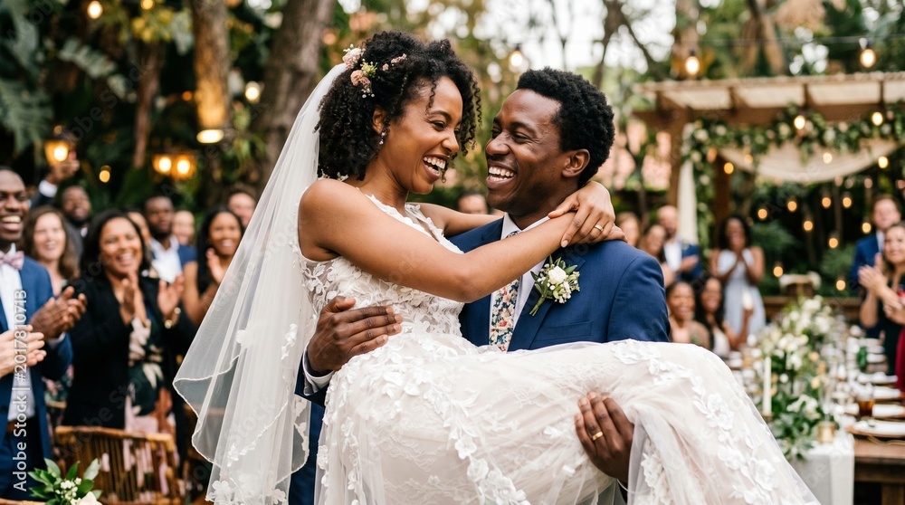 Naklejka premium Groom lifting bride in joyful wedding moment with romantic emotion celebration love happiness dynamic movement elegant ceremony scene. Wedding.