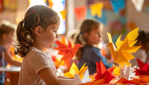 Obraz na płótnie Kinder Beim Pfingstbasteln Mit Papierflammen Und Origami Tauben Im Kindergottesdienst Oder Religionsunterricht