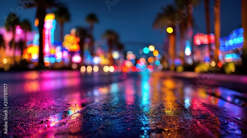 Defocused neon glow along a busy Las Vegas boulevard at night