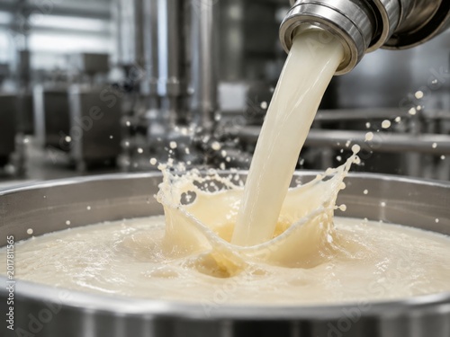 Fresh milk pouring into stainless steel vat with splash in dairy processing factory