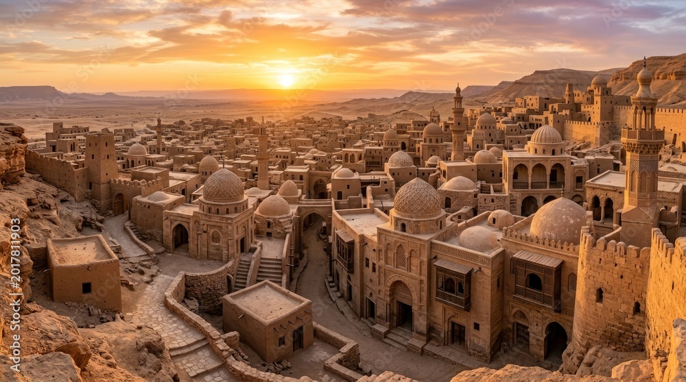 Fototapeta premium Ancient Cityscape at Sunset with Historic Buildings and Dunes