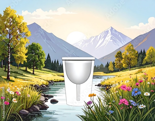 An illustration depicting a glass-like container set in a serene meadow with a flowing stream and majestic mountains in the distance, under a bright sun