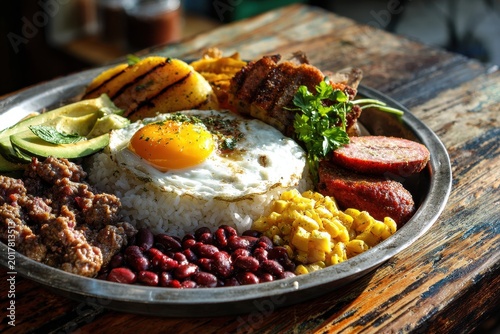 Hearty South American Bandeja Paisa arranged on a wooden table with arepa and avocado
