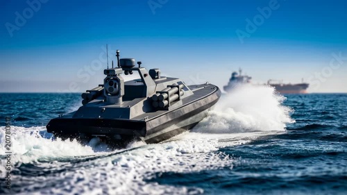 The military drone boat water type unmanned vehicle speeds across the water, creating waves as it approaches a large oil tanker.