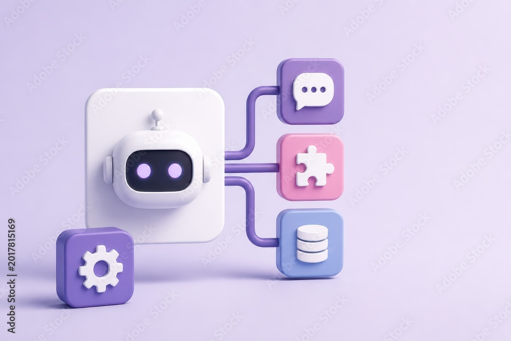 Obraz premium AI assistant automation concept with connected chatbot database puzzle and settings icons for business training and customer support