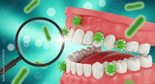 A magnified view of bacteria on teeth illustrating dental health and hygiene concerns.