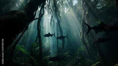 Underwater Amazon rainforest with tropical fish, golden light and flooded jungle nature concept