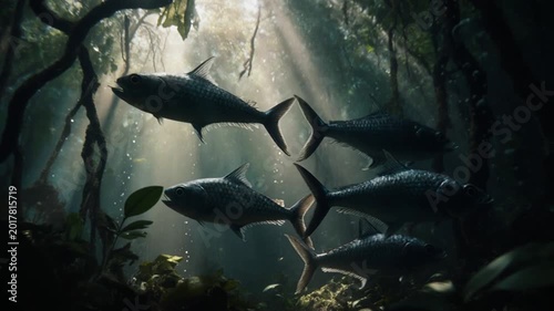 Underwater Amazon rainforest with tropical fish, golden light and flooded jungle nature concept