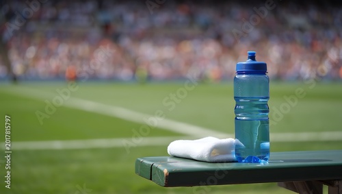 Blue plastic water bottle and white towel on a bench at a sports stadium