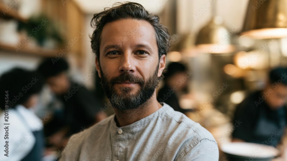 Fototapeta premium Portrait of a man with a beard and mustache. he is standing in a restaurant or cafe, with other people in the background.