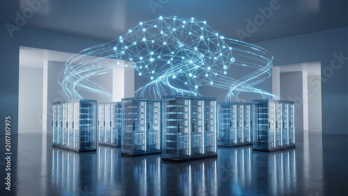Cloud data center with connected server racks and glowing network brain for enterprise AI computing, secure infrastructure and digital storage technology concept