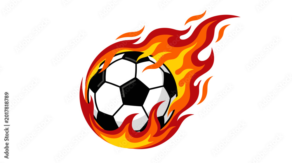 Fototapeta premium Fiery Football: Dynamic image of a soccer ball engulfed in vibrant flames, symbolizing passion, intensity, and thrilling competition.