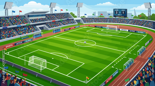 Tableau sur toile Vibrant Stadium Panorama: An expansive illustration showcases a bustling football stadium, ready for an exciting match