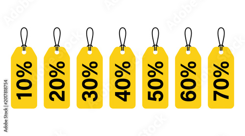 Canvastavla Deals in Numbers: A set of bright yellow sale tags, each displaying a different discount percentage from 10% to 70%, dangling invitingly