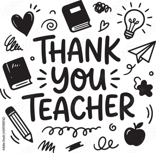 Thank you teacher hand-drawn lettering with school icons