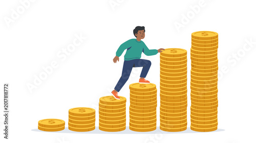 Canvastavla Ascending towards Financial Growth: An individual strides confidently upwards, stepping upon stacks of golden coins that represent financial progress and prosperity
