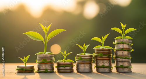 Sprouting plants growing from stacks of coins in natural light