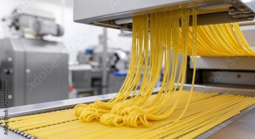 Industrial machine producing fresh pasta in a food factory. Automated manufacturing process of spaghetti noodles. Food production line in a commercial kitchen for Italian pasta making.