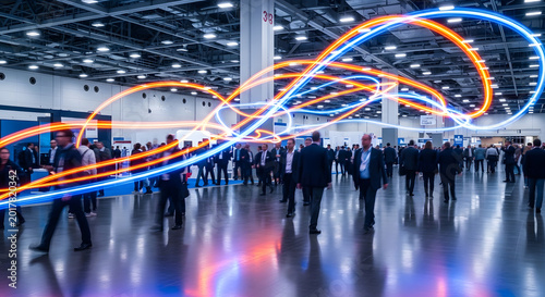 Business professionals walking through illuminated trade show corridor with light trails