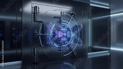 Futuristic AI security vault with glowing neural chip, cyber protection concept, dark metallic technology background for fintech, data privacy and digital innovation design