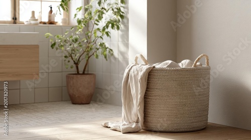 Modern bathroom with a large window on the left side and a wooden vanity on the right side. the walls are painted in a light beige color and the floor is made of light-colored tiles.